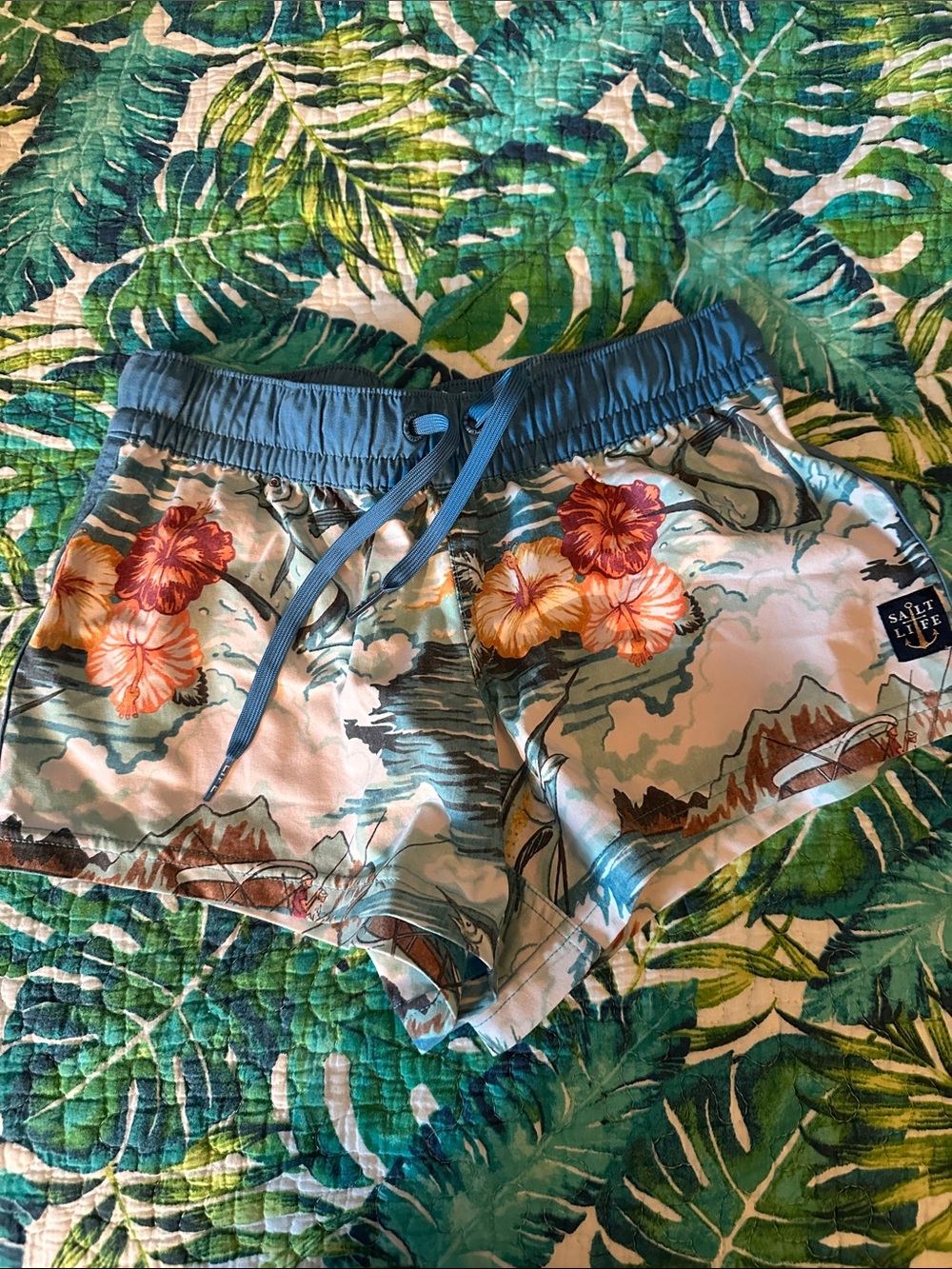 Salt Life Tropical Hibiscus Swim Boat Shorts - Blue & Orange